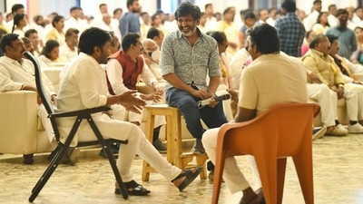Chiranjeevi (left) is back to work. Chiranjeevi (left) is back to work.