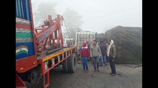 At the accident site in Gopalganj on Monday. (Santosh Kumar/HT Photo) At the accident site in Gopalganj on Monday. (Santosh Kumar/HT Photo)