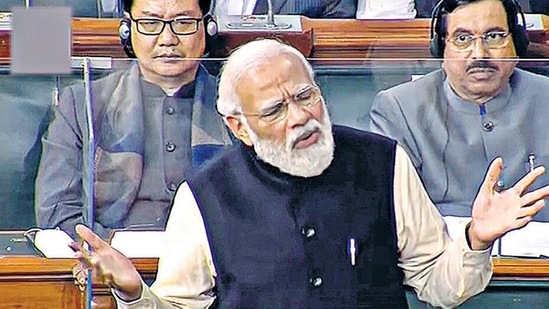 **EDS: TV GRAB** New Delhi: Prime Minister Narendra Modi speaks in the Lok Sabha during ongoing Budget Session of Parliament, in New Delhi, Monday, Feb. 7, 2022. (SANSAD TV/PTI Photo)(PTI02_07_2022_000162B) (PTI)