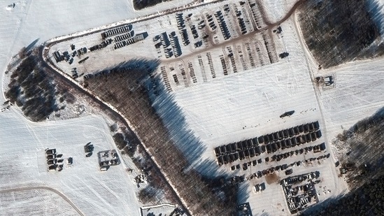 This satellite image shows a troop housing area and vehicle park in Rechitsa, Belarus.(AP via Maxar Tehnologies)