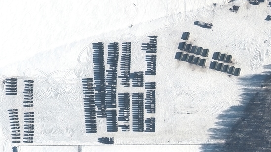 A satellite image shows troops and logistics material support units north-west of Yelsk, Belarus, on February 4.(Reuters via Maxar Technologies)