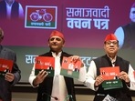 Samajwadi Party (SP) national president Akhilesh Yadav releases party Manifesto and Sankalp Patra for Uttar Pradesh assembly polls in Lucknow on February 8, 2022.&nbsp;(Deepak Gupta/HT Photo)
