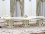 French President Emmanuel Macron (R) met with Russian President Vladimir Putin (L) in Moscow for talks in an effort to find common ground on Ukraine and NATO, at the start of a week of intense diplomacy over fears Russia is preparing an invasion of its pro-Western neighbour. French President Emmanuel Macron (R) met with Russian President Vladimir Putin (L) in Moscow for talks in an effort to find common ground on Ukraine and NATO, at the start of a week of intense diplomacy over fears Russia is preparing an invasion of its pro-Western neighbour.