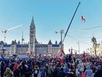 Thousands in support of the truckers gather on Wellington Street near Parliament Hill on February 5, 2022 in Ottawa, Canada.(AFP) Thousands in support of the truckers gather on Wellington Street near Parliament Hill on February 5, 2022 in Ottawa, Canada.(AFP)