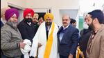 Maheshinder Singh Grewal (centre), the joint candidate of the Shiromani Akali Dal (SAD) and the Bahujan Samaj Party (BSP) alliance from the Ludhiana West constituency, campaigning on Tuesday. (HT Photo)