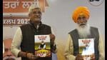 Union Minister Gajendra Singh Shekhawat and SAD (Sanyukt) chief Sukhdev Singh Dhindsa releasing NDA’s rural manifesto for Punjab in Chandigarh on Tuesday . (Keshav Singh/HT)