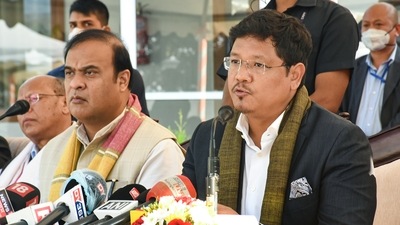 The Congress delegation, led by Congress Legislature Party (CLP) leader Ampareen Lyngdoh, handed over the letter of support to Conrad Sangma-led Meghalaya Democratic Alliance (MDA) government. (PTI) The Congress delegation, led by Congress Legislature Party (CLP) leader Ampareen Lyngdoh, handed over the letter of support to Conrad Sangma-led Meghalaya Democratic Alliance (MDA) government. (PTI)