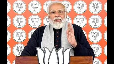 Prime Minister Narendra Modi addressed his first virtual Fateh Rally via video-conferencing for the people of poll-bound Punjab, in New Delhi on Tuesday. (HT Photo)