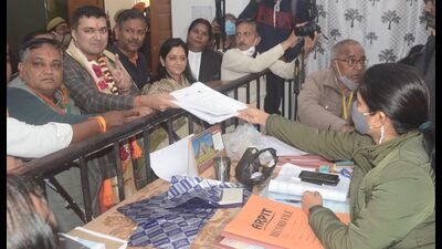 BJP candidate from Allahabad North Harshvardhan Bajpai filing his nomination papers in Prayagraj on Tuesday. (HT Photo) BJP candidate from Allahabad North Harshvardhan Bajpai filing his nomination papers in Prayagraj on Tuesday. (HT Photo)