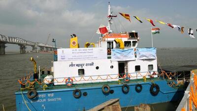 MV Lal Bahadur Shastri, a cargo vessel carrying food grains from Patna to Guwahati, was flagged off at Inland Waterways Authority of India Terminal at Gaighat in Patna on February 5. (HT) MV Lal Bahadur Shastri, a cargo vessel carrying food grains from Patna to Guwahati, was flagged off at Inland Waterways Authority of India Terminal at Gaighat in Patna on February 5. (HT)
