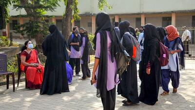 Students wearing 'hijab' were denied entry at IDSG Government College in Karnataka’s Chikmagalur on Tuesday. (PTI) Students wearing 'hijab' were denied entry at IDSG Government College in Karnataka’s Chikmagalur on Tuesday. (PTI)