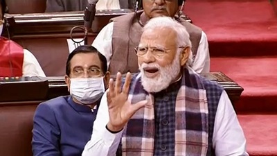 Prime Minister Modi addresses the Rajya Sabha. (PTI) Prime Minister Modi addresses the Rajya Sabha. (PTI)