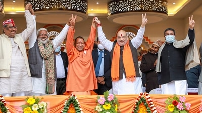 Union Home Minister Amit Shah with chief minister Yogi Adityanath during a public meeting ahead of the UP Assembly elections. (FILE PHOTO) Union Home Minister Amit Shah with chief minister Yogi Adityanath during a public meeting ahead of the UP Assembly elections. (FILE PHOTO)