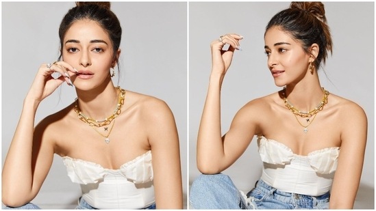 With her hair tied in a messy high bun, Ananya Panday went for the subtle peachy makeup look.(Instagram/@ananyapanday)