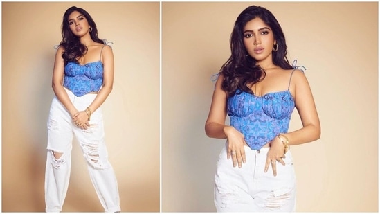 The trailer of Bhumi Pednekar and Rajkummar Rao's Badhaai Do has created a curiosity among moviegoers. The film is going to hit theatres on February 11 and actor Bhumi Pednekar is going all out to promote her film. For a recent promotional event, Bhumi was spotted wearing a blue bustier corset teamed with ripped high rise mom jeans.(Instagram/@bhumipednekar)