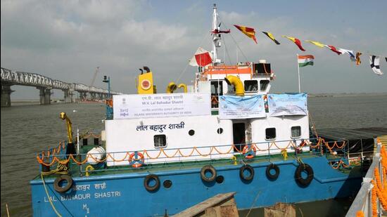 MV Lal Bahadur Shastri, a cargo vessel carrying food grains from Patna to Guwahati, was flagged off at Inland Waterways Authority of India Terminal at Gaighat in Patna on February 5. (HT)
