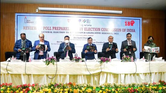An Election Commission of India (ECI) delegation led by CEC Sushil Chandra arrived in Imphal on Monday on a two-day visit to Manipur to review the status of poll preparedness for the ensuing 12th general election to the state Assembly. (ANI Photo)