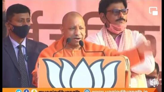 Chief minister Yogi Adityanath addresses an election rally in Jewar on Tuesday. (Sourced)