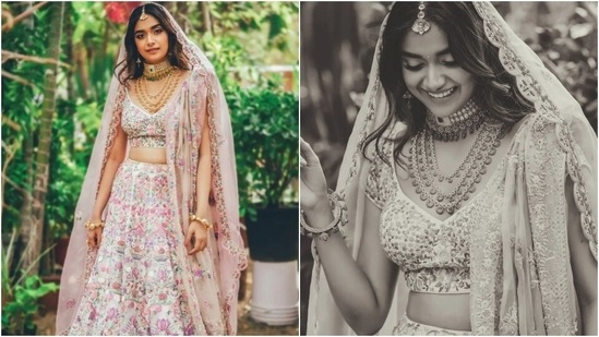 Earlier, Keerthy's stylist had posted pictures of the star wearing a pink floral lehenga set. The traditional ensemble was from the shelves of ace couturier Rahul Mishra and came bedecked with embroidery done in multiple hues.(Instagram/@archamehta)