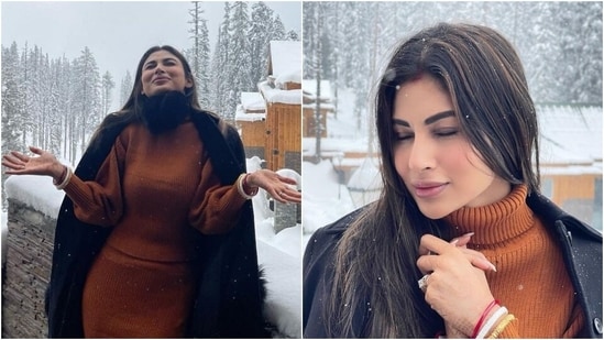 On Sunday, Mouni took to Instagram to share pictures of herself enjoying snowfall in Kashmir. The star turned muse for Suraj in the photos as she posed inside their stunning resort and enjoyed the snowfall like a little kid. She captioned one of the posts, "Lil moments, after breakfast."(Instagram/@imouniroy)