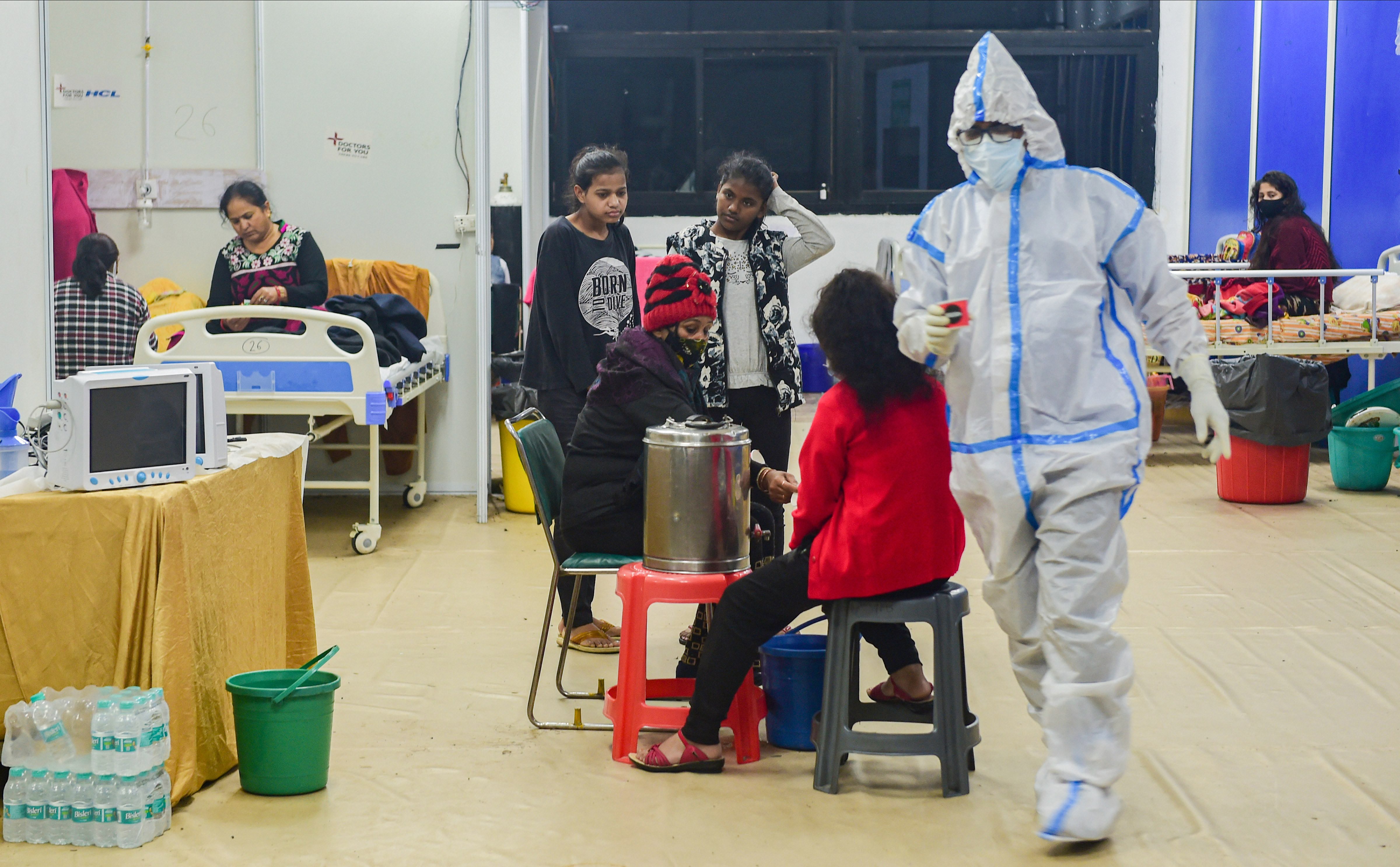 Covid-19 infected patients inside the Covid Care Centre of the Commonwealth Games (CWG) village, in New Delhi. (PTI)