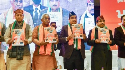 Union Minister Nitin Gadkari along with Union Minister & BJP's Uttarakhand election in-charge Pralhad Joshi, former union minister Ramesh Pokhriyal, MP Tirath Singh Rawat, Uttarakhand BJP President Madan Kaushik, and former CM Trivendra Singh Rawat, releases BJP's manifesto for the Uttarakhand Assembly elections, in Dehradun (PTI) Union Minister Nitin Gadkari along with Union Minister & BJP's Uttarakhand election in-charge Pralhad Joshi, former union minister Ramesh Pokhriyal, MP Tirath Singh Rawat, Uttarakhand BJP President Madan Kaushik, and former CM Trivendra Singh Rawat, releases BJP's manifesto for the Uttarakhand Assembly elections, in Dehradun (PTI)