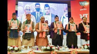 Releasing the BJP manifesto for the Uttarakhand assembly elections at an event here, Union minister for road transport and highways Nitin Gadkari said the party has focused on three main pillars of “ethics, economy and environment”. (PTI) Releasing the BJP manifesto for the Uttarakhand assembly elections at an event here, Union minister for road transport and highways Nitin Gadkari said the party has focused on three main pillars of “ethics, economy and environment”. (PTI)