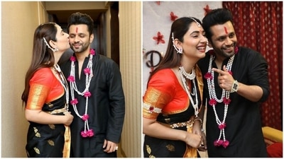 In the end, Disha styled the traditional look by leaving her long tresses open in a centre parting and adorning it with sindoor. She chose winged eyeliner, subtle eye shadow, dainty bindi, berry-toned lip shade, mascara-adorned lashes, blushed glow, and dewy base make-up for glam picks. (Instagram/@dishaparmar) In the end, Disha styled the traditional look by leaving her long tresses open in a centre parting and adorning it with sindoor. She chose winged eyeliner, subtle eye shadow, dainty bindi, berry-toned lip shade, mascara-adorned lashes, blushed glow, and dewy base make-up for glam picks. (Instagram/@dishaparmar)
