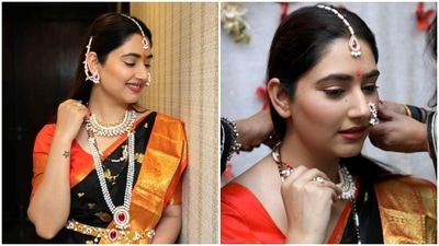 Disha captioned her post, "Just a few Happy Moments with the Happy people from my 1st 'Makar Sankranti' function." She chose a black silk saree embroidered with gold floral patterns for the occasion. It features a broad gold and orange patti decked with brocade embroidery on the borders and the pallu. She wore the six yards with a matching orange blouse featuring gold borders on the sleeves. (Instagram/@dishaparmar) Disha captioned her post, "Just a few Happy Moments with the Happy people from my 1st 'Makar Sankranti' function." She chose a black silk saree embroidered with gold floral patterns for the occasion. It features a broad gold and orange patti decked with brocade embroidery on the borders and the pallu. She wore the six yards with a matching orange blouse featuring gold borders on the sleeves. (Instagram/@dishaparmar)