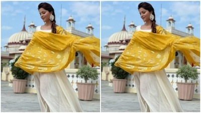 Rubina played muse to the designer house Narayani Adukia and picked a white anarkali gown for the photoshoot. (Instagram/@rubinadilaik)