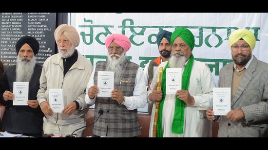 Sanyukt Samaj Morcha leaders launching their manifesto for the Punjab assembly elections in Chandigarh on Tuesday.