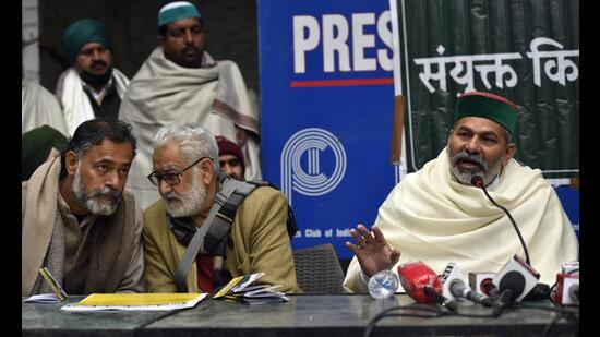 Samyukt Kisan Morcha (SKM) leaders during a press conference on ‘Mission Uttar Pradesh’ against Bharatiya Janata Party (BJP), in New Delhi recently. (File Photo)