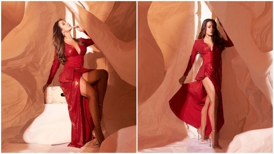 The ever so stylish and fitness enthusiast Malaika Arora has a wardrobe filled with fancy designer gowns and dresses. Malaika's stylist Maneka Harisinghani recently took to her Instagram handle to share a few photos of the diva in a shimmery thigh-high slit split dress.(Instagram/@manekaharisinghani)
