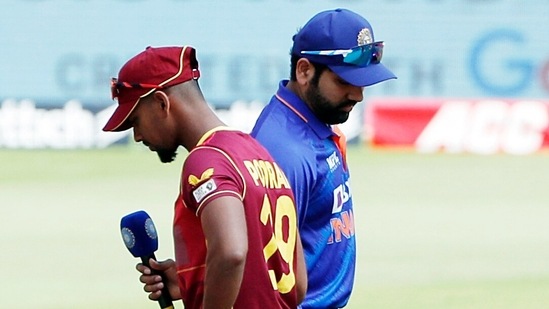 West Indies skipper Nicholas Pooran and India's Rohit Sharma at toss(ANI) West Indies skipper Nicholas Pooran and India's Rohit Sharma at toss(ANI)