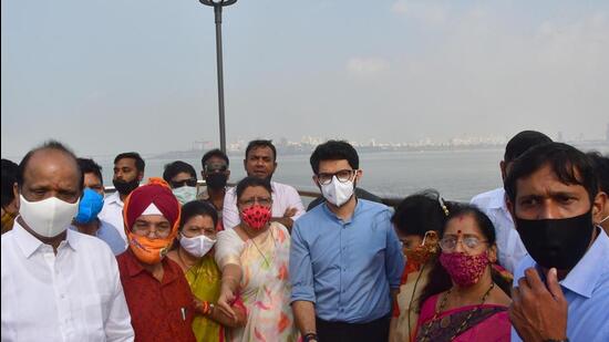 Mumbai guardian minister Aaditya Thackeray on Wednesday opened up the viewing deck, which extends over the Dadar seashore at Chaityabhoomi, the cremation site of Dr Babasaheb Ambedkar (Bhushan Koyande) Mumbai guardian minister Aaditya Thackeray on Wednesday opened up the viewing deck, which extends over the Dadar seashore at Chaityabhoomi, the cremation site of Dr Babasaheb Ambedkar (Bhushan Koyande)