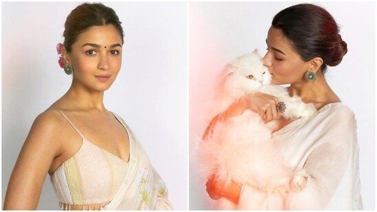Alia Bhatt poses with pet cat in floral ivory saree and strappy blouse, says 'Edward Bhai Aur Gangubai': All pics