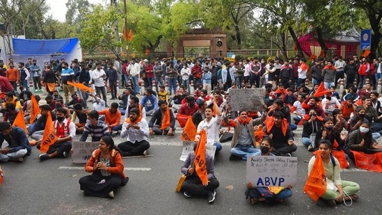 Several students outfits have been protesting at North Campus, demanding reopening of DU for offline classes. (Amal KS/HT Photo)