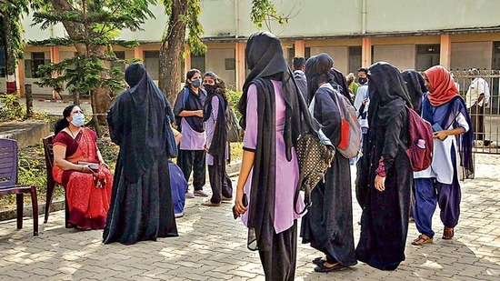 Students wearing 'hijab' who were denied entry at IDSG Government College in Chikmagalur, on Tuesday, February 8, 2022. (PTI Photo)