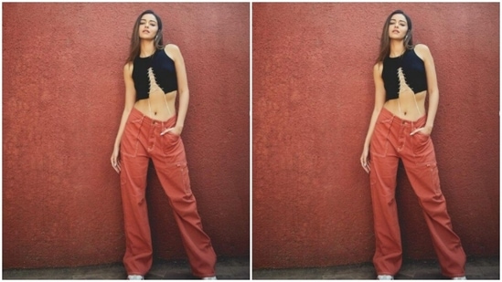 Ananya paired a corset-styled black cropped top with midriff-baring details and a pair of dark peach trousers.(Instagram/@ananyapanday)
