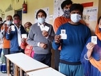 Voters standing in the queue to cast their votes at a polling booth, during the first phase of the UP Assembly Election, at Lal Kuan, Murad Nagar, in Ghaziabad on February 10, 2022.&nbsp;(ANI)