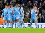 Manchester City's Kevin De Bruyne, right, celebrates after scoring his side's second goal during the English Premier League soccer match between Manchester City and Brentford at the City of Manchester Stadium in Manchester, England. Manchester City's Kevin De Bruyne, right, celebrates after scoring his side's second goal during the English Premier League soccer match between Manchester City and Brentford at the City of Manchester Stadium in Manchester, England.