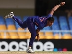 Rajvardhan Hargargekar in his follow through.&nbsp;