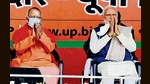 Prime Minister Narendra Modi with Uttar Pradesh Chief Minister Yogi Adityanath during a public meeting for the state Assembly elections, in Saharanpur on Thursday. (ANI)