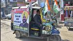 An auto rickshaw, fitted with loudspeakers, campaigning for Congress candidate Kamaljit Singh Karwal near Gill Chowk in Ludhiana on Thursday. (Harsimar Pal Singh/HT) An auto rickshaw, fitted with loudspeakers, campaigning for Congress candidate Kamaljit Singh Karwal near Gill Chowk in Ludhiana on Thursday. (Harsimar Pal Singh/HT)