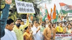 Congress party workers protest against PM Narendra Modi's statement in Parliament at Pune Municipal Corporation near BJP city office in Pune, on Thursday. Days after BJP leader Kirit Somaiya was manhandled on the Pune Municipal Corporation (PMC) premises, the BJP has decided he will be felicitated on the stairs of the PMC building on Friday. (HT) Congress party workers protest against PM Narendra Modi's statement in Parliament at Pune Municipal Corporation near BJP city office in Pune, on Thursday. Days after BJP leader Kirit Somaiya was manhandled on the Pune Municipal Corporation (PMC) premises, the BJP has decided he will be felicitated on the stairs of the PMC building on Friday. (HT)