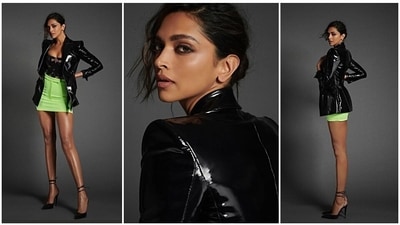 In the pictures shared by Deepika Padukone's stylist Shaleena Nathani on her Instagram handle, the actor can be seen wearing a black bodysuit teamed with a mini fluorescent green skirt and a black leather jacket. (Instagram/@shaleenanathani) In the pictures shared by Deepika Padukone's stylist Shaleena Nathani on her Instagram handle, the actor can be seen wearing a black bodysuit teamed with a mini fluorescent green skirt and a black leather jacket. (Instagram/@shaleenanathani)