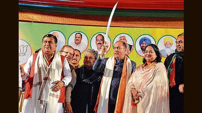 Himachal Pradesh chief minister Jai Ram Thakur during an election rally for BJP’s Dera Bassi candidate Sanjeev Khanna ahead of the Punjab polls. (Sant Arora/HT)