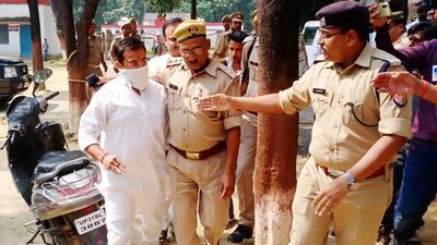 Ashish Mishra, the main accused in the case, at the crime branch office in Lakhimpur Kheri to give his statement on October 9, 2021. (HT photo/ File)