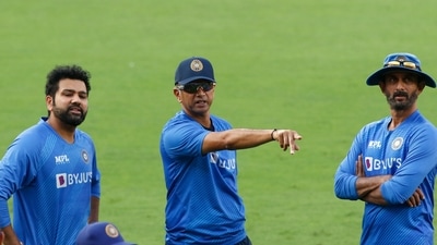 Head Coach of Team India Rahul Dravid with Indian skipper Rohit Sharma during a practice session ahead of the 2nd ODI match between India and West Indies, at Narendra Modi Stadium in Ahmedabad on Tuesday. (ANI) Head Coach of Team India Rahul Dravid with Indian skipper Rohit Sharma during a practice session ahead of the 2nd ODI match between India and West Indies, at Narendra Modi Stadium in Ahmedabad on Tuesday. (ANI)