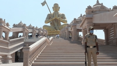 The 216-foot-tall statue of Ramanujacharya is part of Samata Kendram, a religious centre, privately built at Shamshabad on the outskirts of Hyderabad. (AFP) The 216-foot-tall statue of Ramanujacharya is part of Samata Kendram, a religious centre, privately built at Shamshabad on the outskirts of Hyderabad. (AFP)